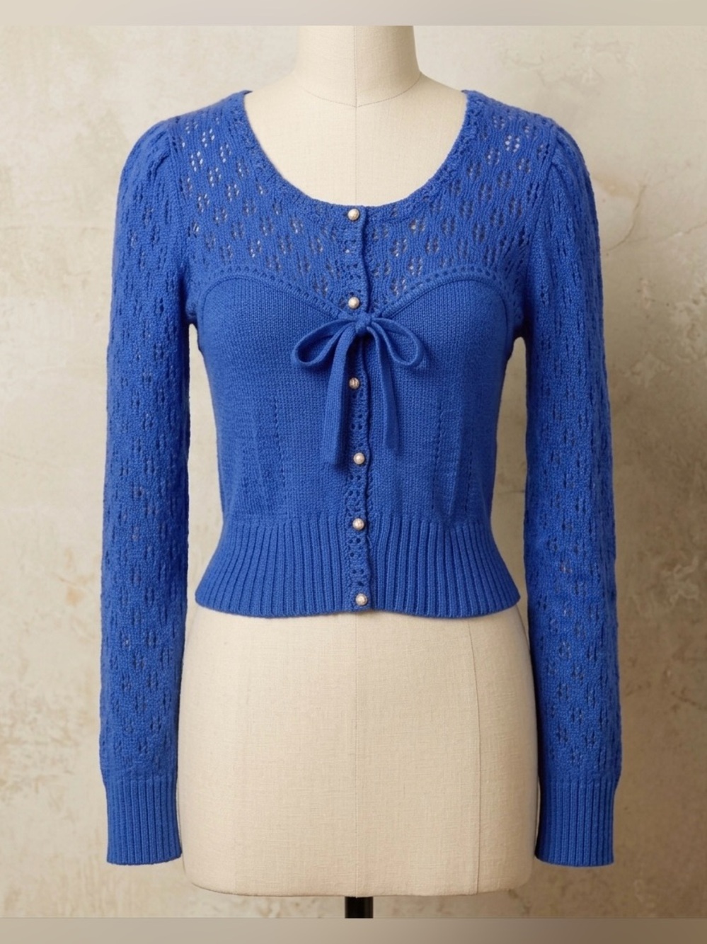 Anthropologie Knitted & Knotted Royal Blue Pointelle Knit Cropped Bow Cardigan M